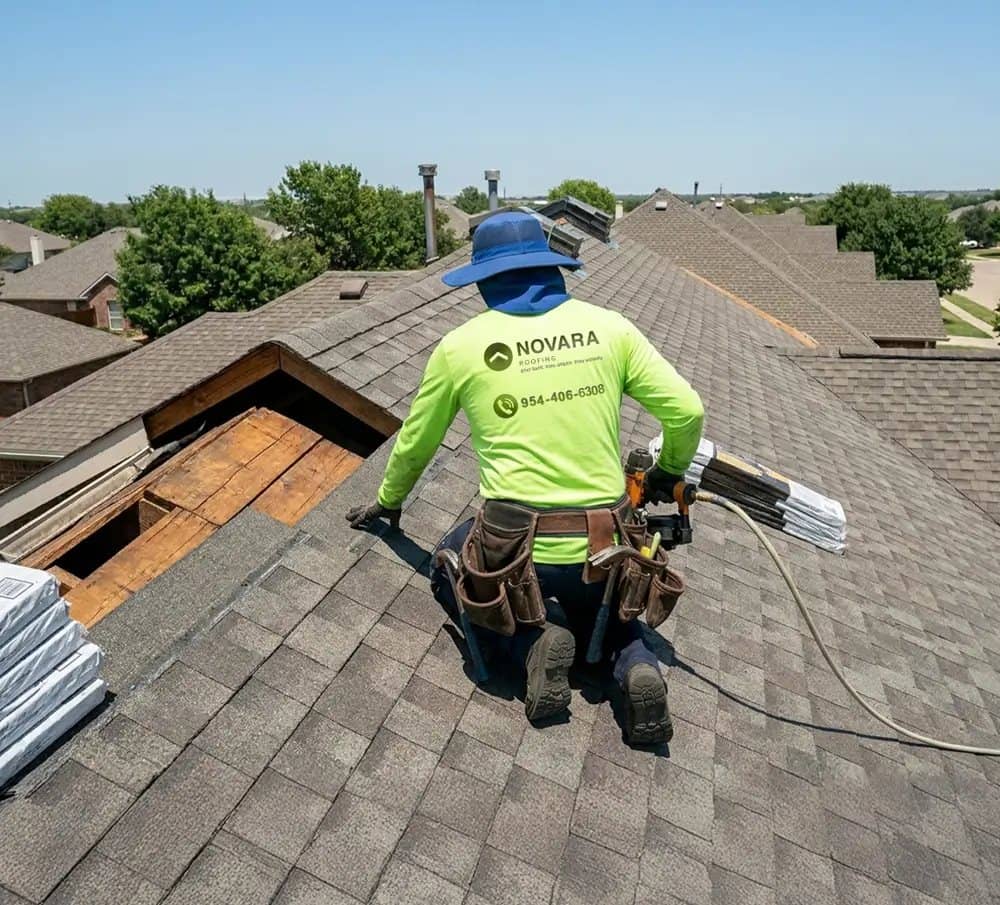 Novara Roofing crew member in a branded shirt working on a shingle roof