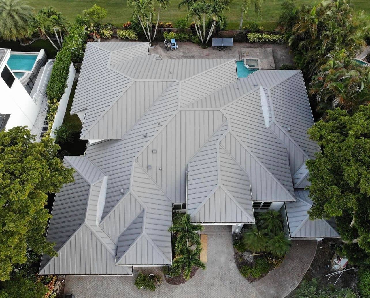 Metal roof replacement on a home in Palm Beach, seen from directly above