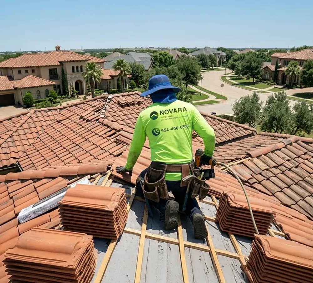 Novara Roofing crew member working on a tile roof