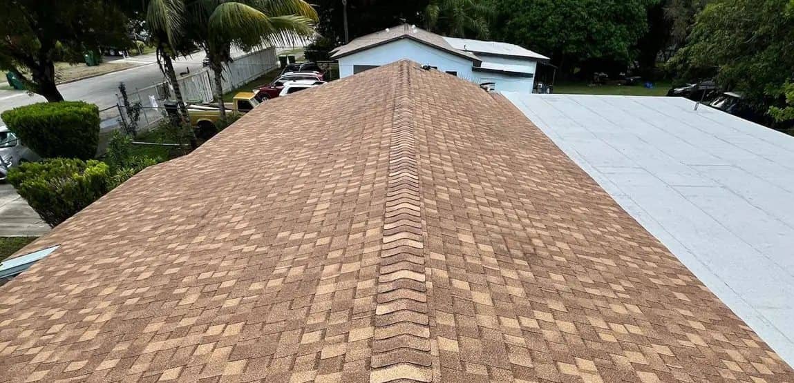 Ridge of a new shingle roof