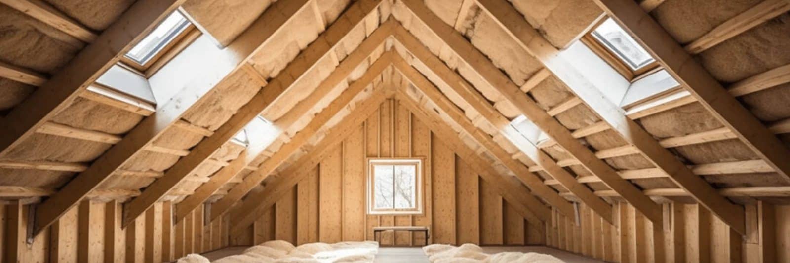 Attic with wooden roof framing and skylights