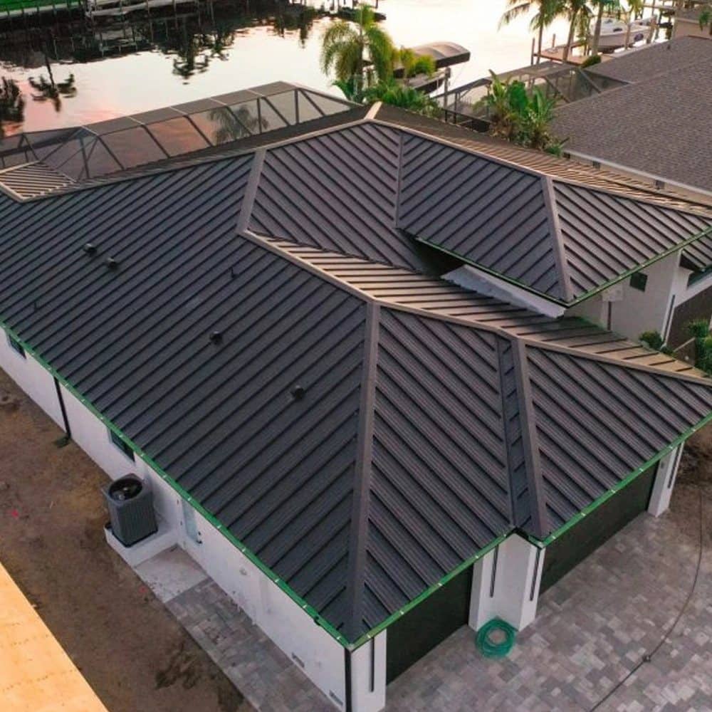 Dark metal roof on a South Florida home, seen from above