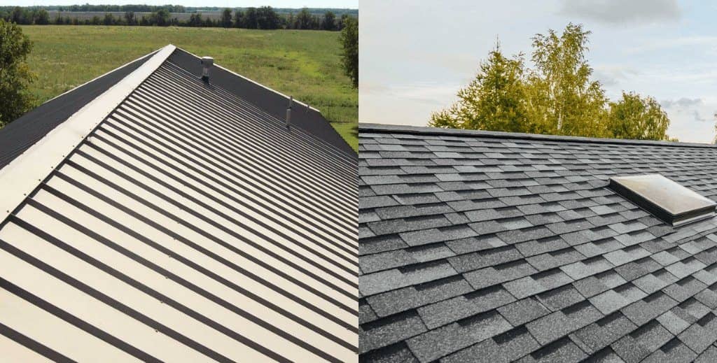 Metal roof next to a shingle roof