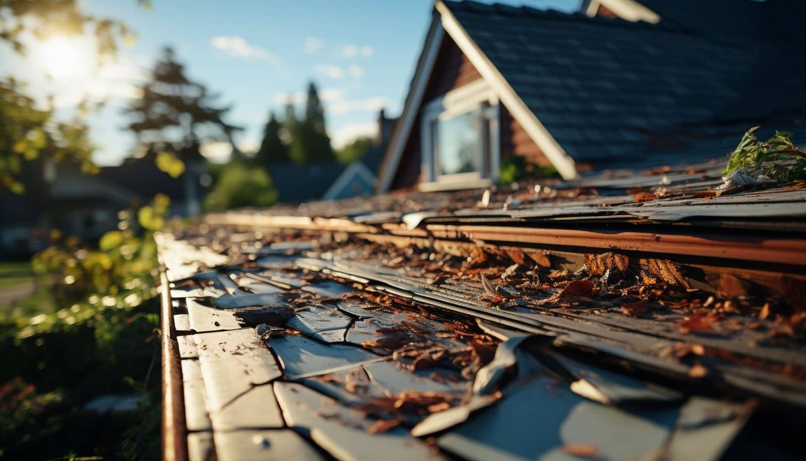 Damaged shingles and debris in a roof gutter