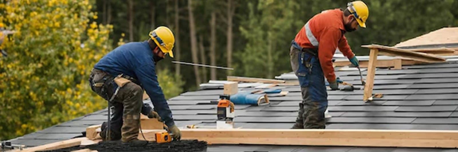 Two roofers repairing and replacing a roof