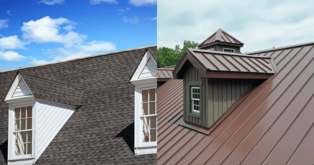 Shingle roof next to a metal roof
